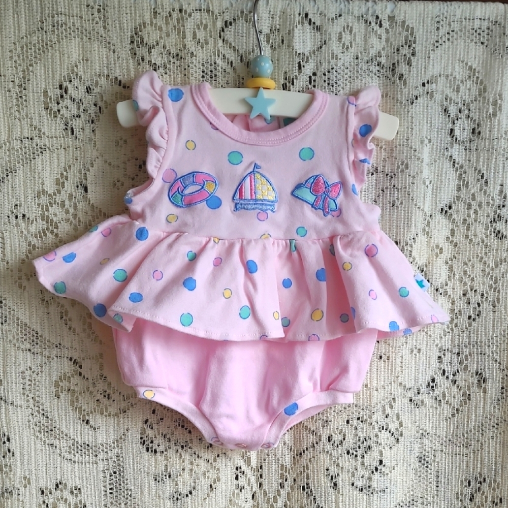 Vintage Baby Romper With Sailboat Embroidery, Sleeveless, Ruffle